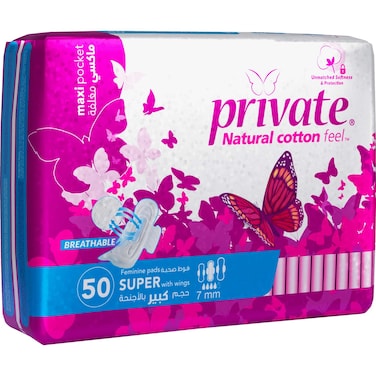 Private Maxi Pocket Tri-Fold Super Sanitary Pads White 50 Pads