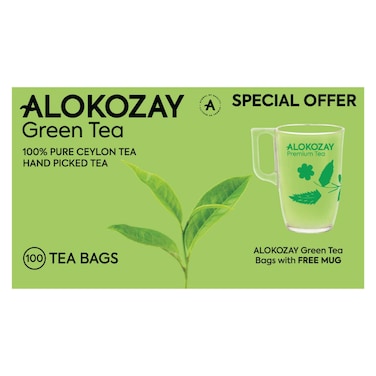 Alokozay Green Tea 100% Pure Ceylon Teabags With Mug 100 Tea Bags