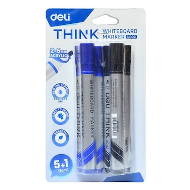 Deli Think Chisel Tip White Board Marker Assorted 6 PCS