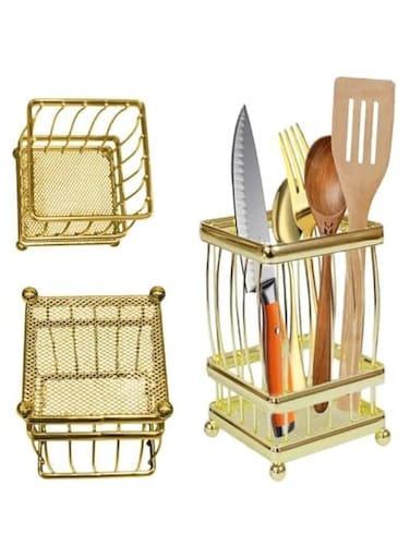 Cutlery Holder, Premium Quality Stainless Steel, Storage For Countertop Organizer Cooking Utensil Crock Kitchen Organization &amp; Storage And Flatware Caddy Gold Iron مستلزمات رمضان