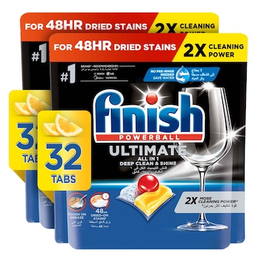 Finish Ultimate Dishwasher Tablets, Lemon Sparkle Scent, 2x More Cleaning Power, 64 Tabs