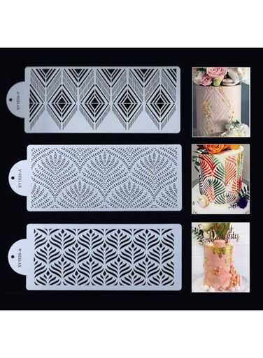MAKINGTEC Cake Decorating Stencils, Mold Plastic Templates Spray Floral Cake Molds Cookie Fondant Dessert Decorating Molds Side Baking Mesh Stencil Cake Lace Decoration Stencils Food Grade Molds (3PC)