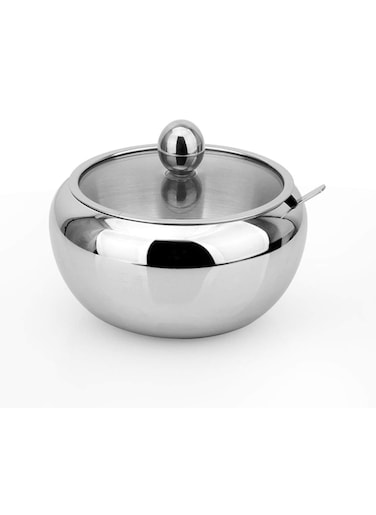 Stainless Steel Sugar Bowl with Transparent Lid and Spoon, 500 ml
