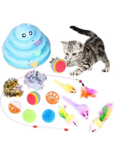 HALAMODO 14 Pack Cat Toys Kitten Toys, Interactive 3 Level Cat Roller Exerciser, Cat Feather Teaser, Catnip Fish, Colorful Mice, Colorful Balls and Bells for Cat, Puppy