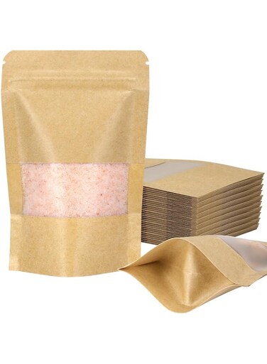 Food Pouches 50pcs Kraft Stand Up Food Bags, Zip Lock Reusable Packing Pouches with Transparent Window and Tear Notch Thicken Heat Sealable, or Storing, Cookie, Tea and Drinking (8.6 * 5.5inch)