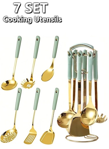 Steel kitchenware seven Pieces Set (golden).Cooking Utensils 7 pcs Set with hanging shelf .Include Slotted Spoon, Slotted Spatula, Large Spoon, Soup Ladle, Spatula, Pasta spoon.