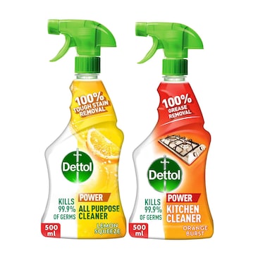 Dettol All Purpose Cleaner Spray Bottle, Lemon Scent + Dettol Kitchen Cleaner Spray Bottle, Orange Scent, 500 Pack of 2