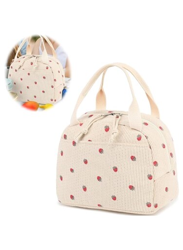 Azonee Lunch Bag, Cute Corduroy Lunch Tote Bags Reusable Insulated Lunch Box Large Capacity Reusable Insulated Cooler for Work Picnic or Travel (Corduroy strawberry)