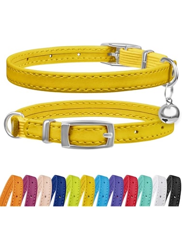 CollarDirect Leather Cat Collar with Bell - Kitten Collar, Small and Big Cat Collar for Boy Cats, Girl Cats with Safety Elastic Strap (Neck Fit 6"-7", Yellow)