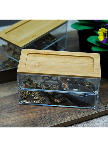 YAHOME 2 Tier Rectangular shape Table Top Jewelry Case Acrylic Box with wooden Bamboo Lid Jewelry Organizer For stationary Cosmetics For Necklaces Rings Ear Stud Watch