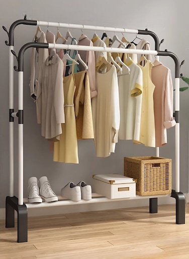 White &amp; Black Clothes Organizer and Drying Rack &acirc;&euro;&ldquo; Heavy-Duty Metal Garment Stand with Shelf &amp; 2 Hanging Rods for Home Storage (110x154x45cm)