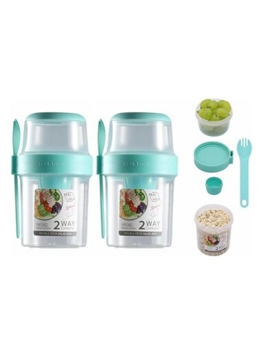 2Pcs Fruit and Vegetable Container with Fork &amp; Salad Dressing Holder, Portable Cereal Cup Food Preservation Box Separated Two Compartments Oatmeal Nut Container for Work Travel, Green 560ml
