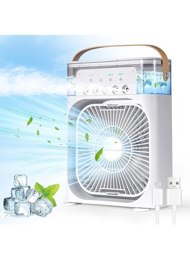 yallabuyit Power Portable Personal Air Conditioner with - 5-in-1 Timing Evaporative Cooler, 7 Colors Light, 5 Sprays, 3 Speeds - Ideal for Small Rooms, Offices, Cars, and Camping" (White)