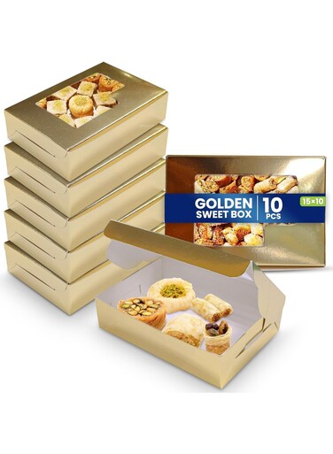 Packing Pack 10 Gold Bakery Box with Window,15 x 15 cm Sturdy Aluminum Treat Boxes for Cookies, Pastries, Donuts &amp; Cakes - Dessert Gift Boxes for Weddings, Birthdays &amp; Party Favors