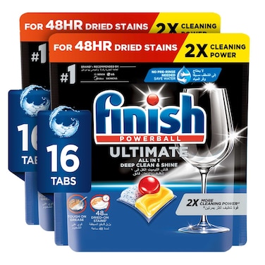 Finish Ultimate Dishwasher Tablets, Lemon Sparkle Scent, 2x More Cleaning Power, 32 Tablets