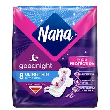Nana Night Ultra Thin Extra Long Sanitary Pads with Wings 8 Pads