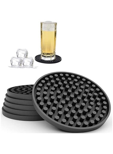 LEVGLAKE 6PCS Coasters,Non-Stick Black Coasters for Coffee Table, Wooden Table, Heat Resistant Coaster Set with Deep Grooved, Coaster Fit All Cups