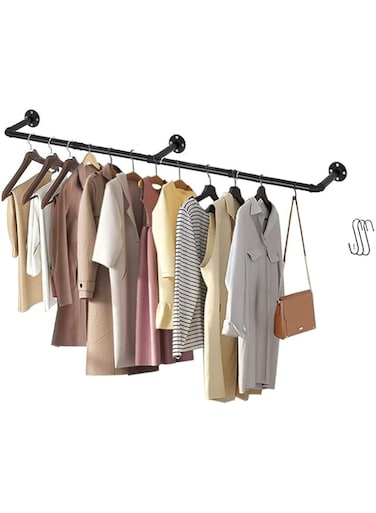 BLYPHOO Industrial Pipe Clothes Rack Industrial Garment Rack：Wall Mounted Metal Clothing Pipe with 3 Hooks, Heavy Duty Iron Garment Bar, Multi-Purpose Iron Clothes Hanging Rod Bar, Display Clothes Rod