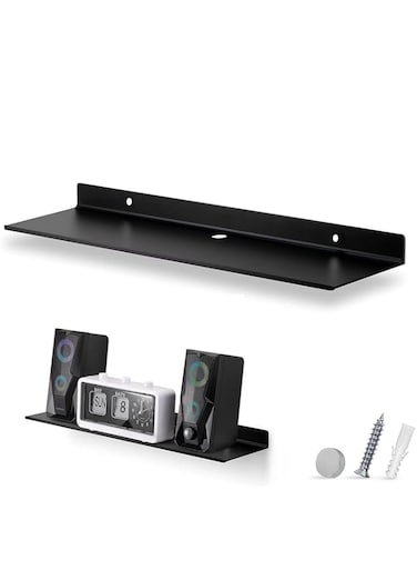 OrganizeMee Metal Large wall mounted shelves,Bluetooth speaker,Wi-Fi camera stand corner floating shelf for living room &amp; bedroom,home decor items plant pot mounting racks[31.5cm X12.5Cm] Qty 1(Black)