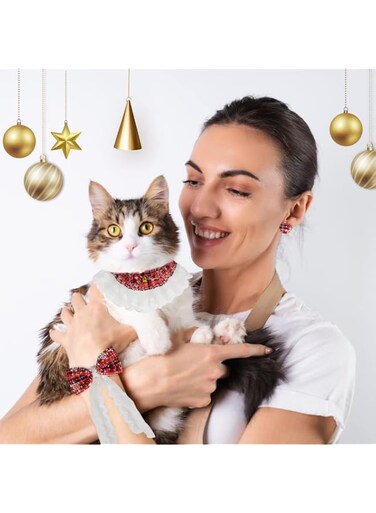 ORDEBOLL 4Pcs Christmas Cat Dog Collar Set，Adjustable Lace Scarf and Bow Tie with Bells, Snowflake Pattern Master Hairband and Earrings,Holiday Decoration for Small Cats Dogs (Red)