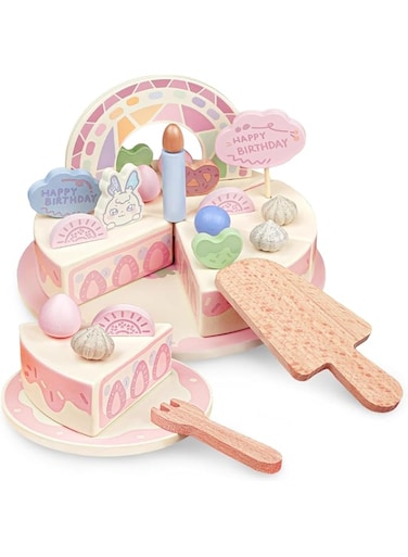 SOOFAM Birthday Cake Toy - Wooden Play Food Fake Birthday Cake Cutting Toys for 3 4 5 Year Old Girl Birthday Gift - Pretend Play Food with Candles&amp;Plates,Tea Party Toys for Kids Age 3+ (Cake)