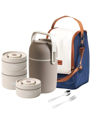 Kids Thermal Bento Lunch Box Set for School, Insulated Lunch Containers With Bag,3 Separate Stackable Lunch Container, Microwaveable Lunch Box Bento Box for Adults &amp; Kids (3-Layer, Coffee)