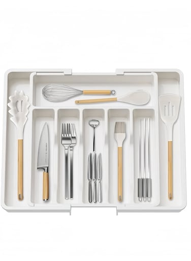 Yon Cutlery Tray Organizer, Kitchen Drawer Organizer, Silverware Cutlery Organizer, Adjustable Utensils Organizer, Expandable 8-Compartment Plastic Cutlery Tray for Tableware ( 34*38*5.5 cm, White )