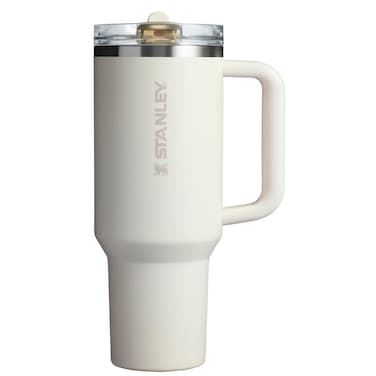 40 oz Insulated Travel Tumbler with Handle and Straw Lid, Leak Resistant Reusable Mug, Cream