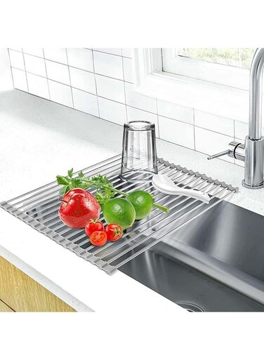 Roll-Up Dish Drying Rack, Foldable Trivet, Dish Drainer &amp; Over Sink Dish Rack Cover, BPA Free,Portable Silicone and Stainless Steel Rolling Rack for Kitchen Sink Counter (52*35cm)