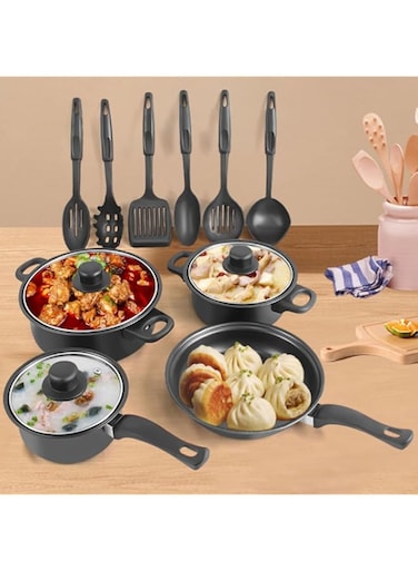Non-Stick Pots And Pans Set 13-Piece Kitchen Non-Stick Cookware Set, Black Thirteen piece set of pot, non stick soup pot, milk pot, frying pan, multiple piece set of pot