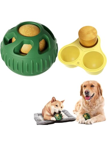 Azonee Silicone Pet Food Ball, Long-Lasting Interactive Dog Toys for Aggressive Chewers &ndash; Freezable Fillable Rubber Chew Toy with Silicone Treat Mold, Green Ball + Yellow Plate