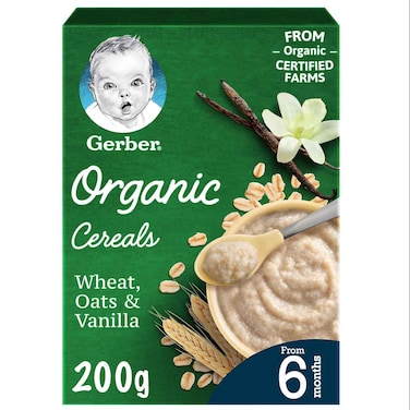 Gerber Organic Cereals Wheat, Oats and Vanilla, 200g