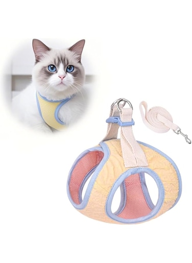 Small Cat Leash and Harness, Step in Pet Harness with Leash, No-Pull Cat Harness with Super Breathable Mesh, Adjustable Outdoor Pet Vest for Puppy and House Cats (Yellow)