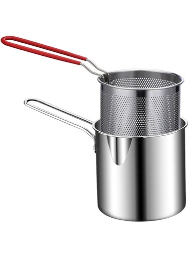 DAUZ Deep Fryer Pot, Rustproof Easy Cleaning Long Handle Stainless Steel Deep Fryer Pan with Strainer for Home