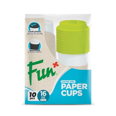 Fun Coffee Time Paper Grab &amp; Go Hot Cups With Sleeves And Lid White And Green 473ml 10 PCS