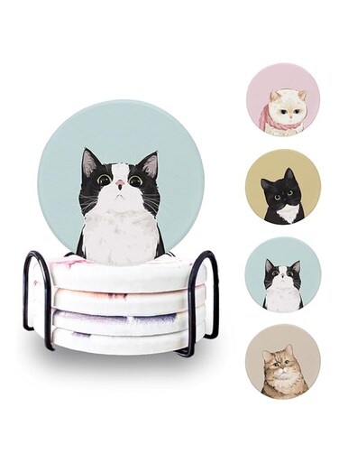Sipoyen Drink Coasters with Holder Absorbent Coaster Sets of 4 Cute Kitty Table Coasters Housewarming Gift