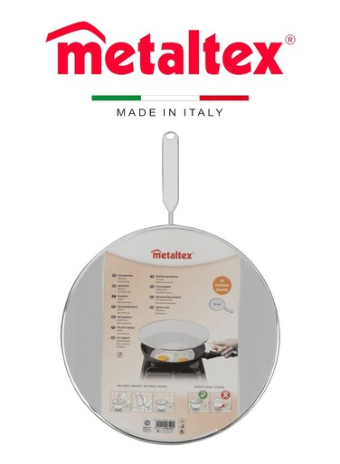 Splatter Screen &acirc;&euro;&ldquo; 29cm Aluminium, Finely Perforated, with Wire Handle and Plastic Insert