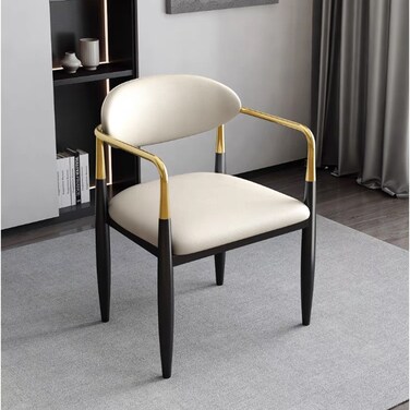 Jeffcoco Furniture,Cream Luxury Arm Chair,Dining Chair,Reading Chair,Desk Chair For Relax Indoor,Gold Frame Leather Chair For Office Furniture Cream Color