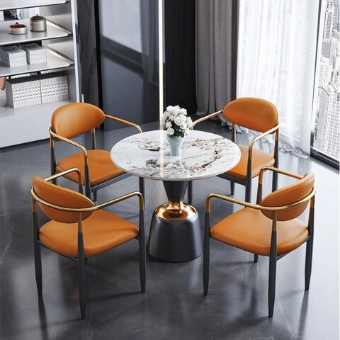 Jeffcoco Furniture,Cream Luxury Arm Chair,Dining Chair,Reading Chair,Desk Chair For Relax Indoor,Gold Frame Leather Chair For Office Furniture Orange Color