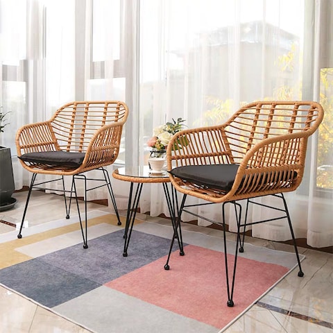 Jeffcoco Furniture Outdoor Hand-made rattan bacony Set,coffee Table,Dining Chair,Garden Chair Relax,interior Design,Italy Style home reading chair with cusion (Set Of 3)
