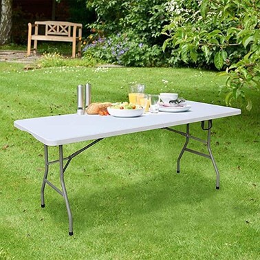 Jeffcoco Furniture Multi-Functional Adjustable Folding Table with Carrying Handle, Portable Plastic  Picnic   Party   BBQ   Catering Buffet   Camping Table Indoor Outdoor   180 * 75 * 74Cm   White
