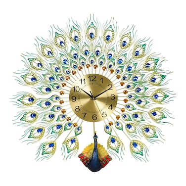 Jeffcoco Furniture Metal Wall clock one piece home Wall Art decoration luxury battery powered peacock clock, for the living room, bedroom decoration hotel lobby art display