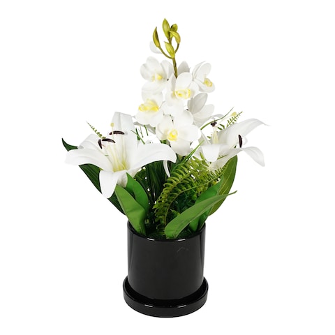 Jeffcoco Furniture Artificial flower,Artificial plants with Holder Plate Home Decor Corner,indoor, outdoor, Garden, decoration For House Decorative Art Display (White)