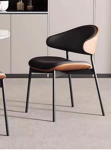 Jeffcoco Furniture Modern Minimalist Dining Chair - Black Leather Seat, Wood Accents &amp; Metal Frame(1 piece)