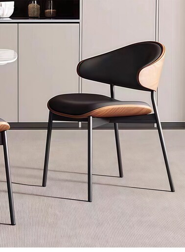 Jeffcoco Furniture Modern Minimalist Dining Chair - Black Leather Seat, Wood Accents &amp; Metal Frame(1 piece)