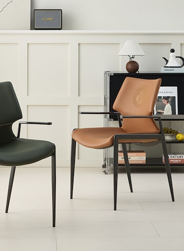 Jeffcoco Furniture Luxury - Inspired Brown Leather Dining Chair with Armrests &amp; Iconic Emblem(1 piece)