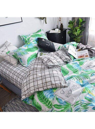 4-Piece Leaf Printed Bedding Set Combination White/Green/Blue Quilt Cover 220x240 cm, Bedsheet 230x250 cm, Pillowcase 48x74cm