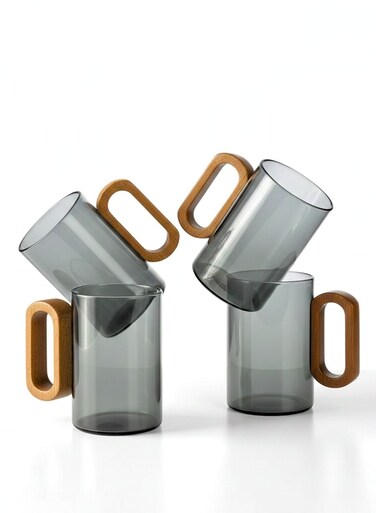 Set of 4- 350ML Borosilicate Glass Mugs with Walnut Acacia Wooden Handle, Smoky Grey