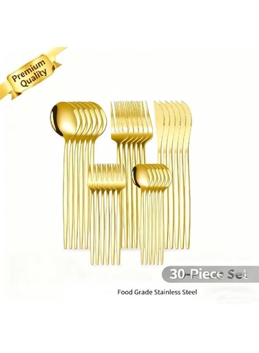 light gold flatware set, 30 pieces, made of stainless steel. Suitable for family gatherings, dinners, hotels, Western restaurants, cafes, and dessert shops; an essential choice for a candlelight dinner.