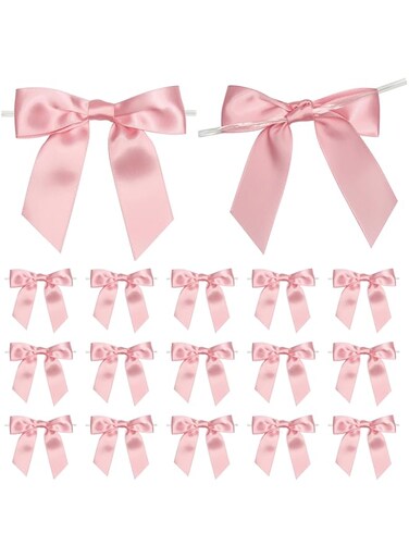 Satin Ribbon Bows, 50 Pack Pink Twist Tie Decorative Bows for Gifts, Party, Wedding Decor